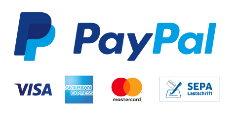 Logos der Zahlungsarten: PayPal, VISA, American Express, Mastercard, SEPA Lastschrift